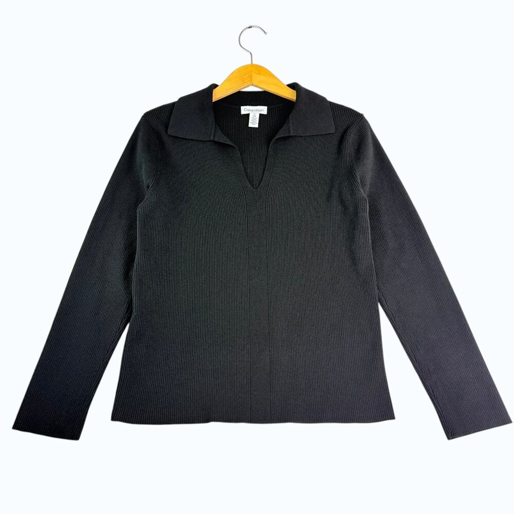 Calvin Klein Ribbed Knit Sweater Women L Black Collared V Neck Long Sleeve Chic